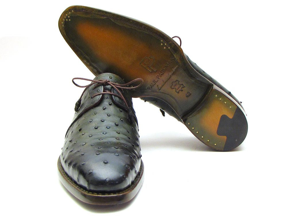 Paul Parkman Goodyear Welted Green Genuine Ostrich Derby Shoes showcasing luxurious green ostrich leather and antique finished double leather sole.