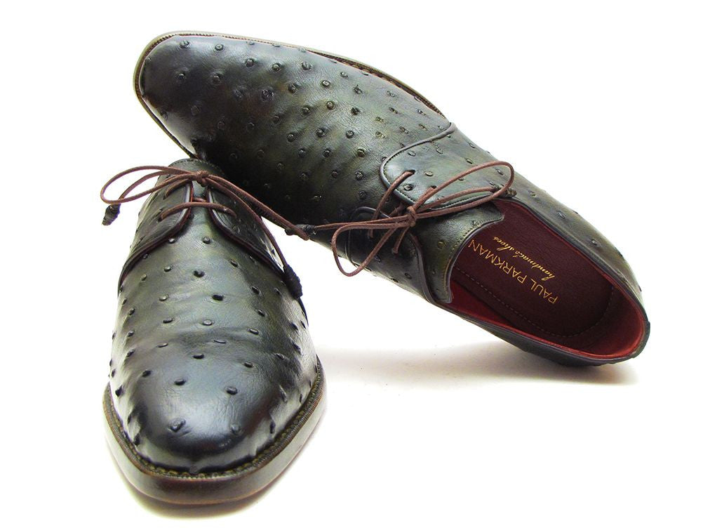 Paul Parkman Goodyear Welted Green Genuine Ostrich Derby Shoes showcasing luxurious green ostrich leather and antique finished double leather sole.