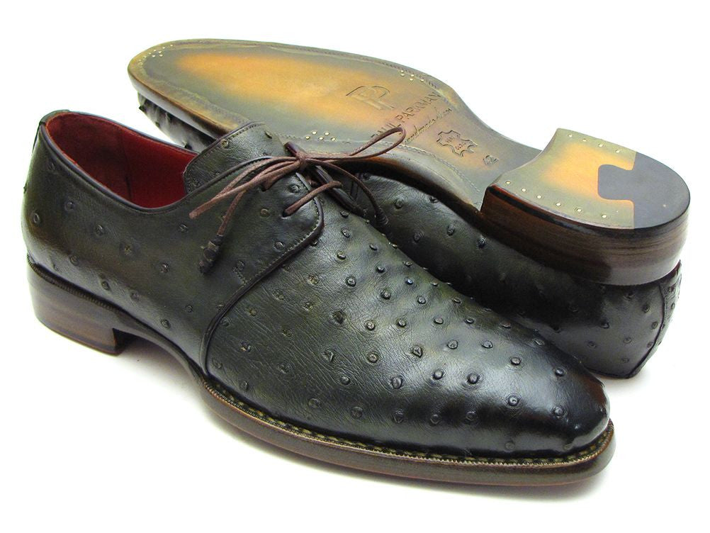 Paul Parkman Goodyear Welted Green Genuine Ostrich Derby Shoes showcasing luxurious green ostrich leather and antique finished double leather sole.