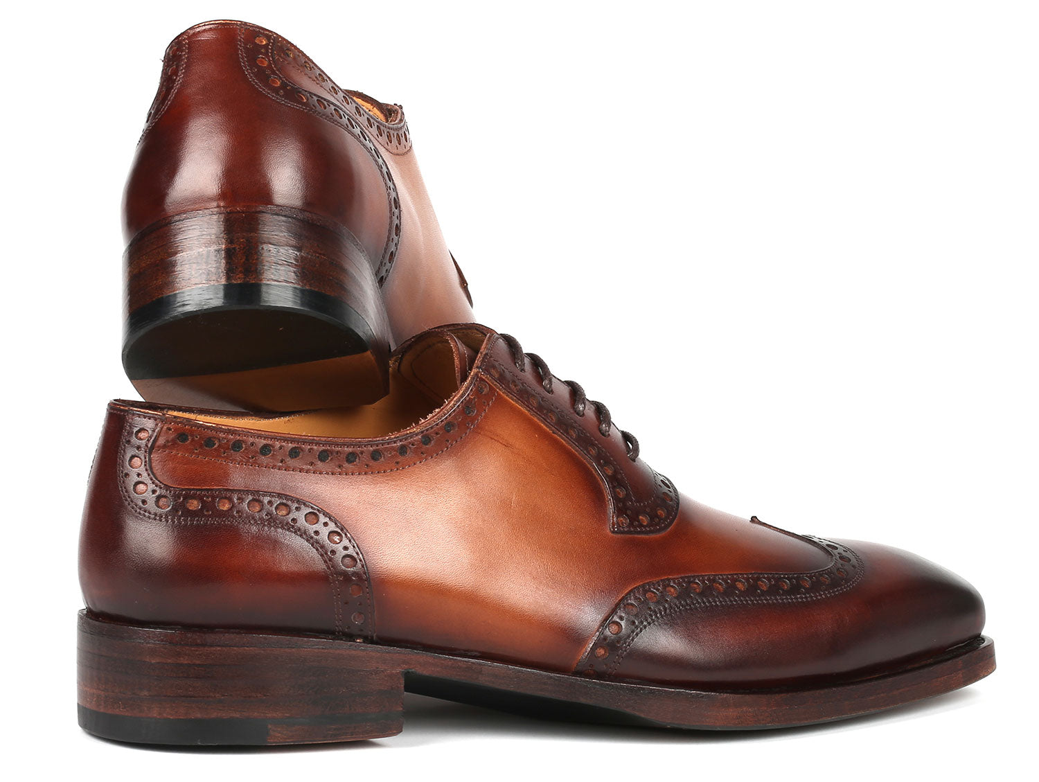 Paul Parkman Goodyear Welted Men's Wingtip Oxfords in brown leather, showcasing intricate craftsmanship and elegant design.