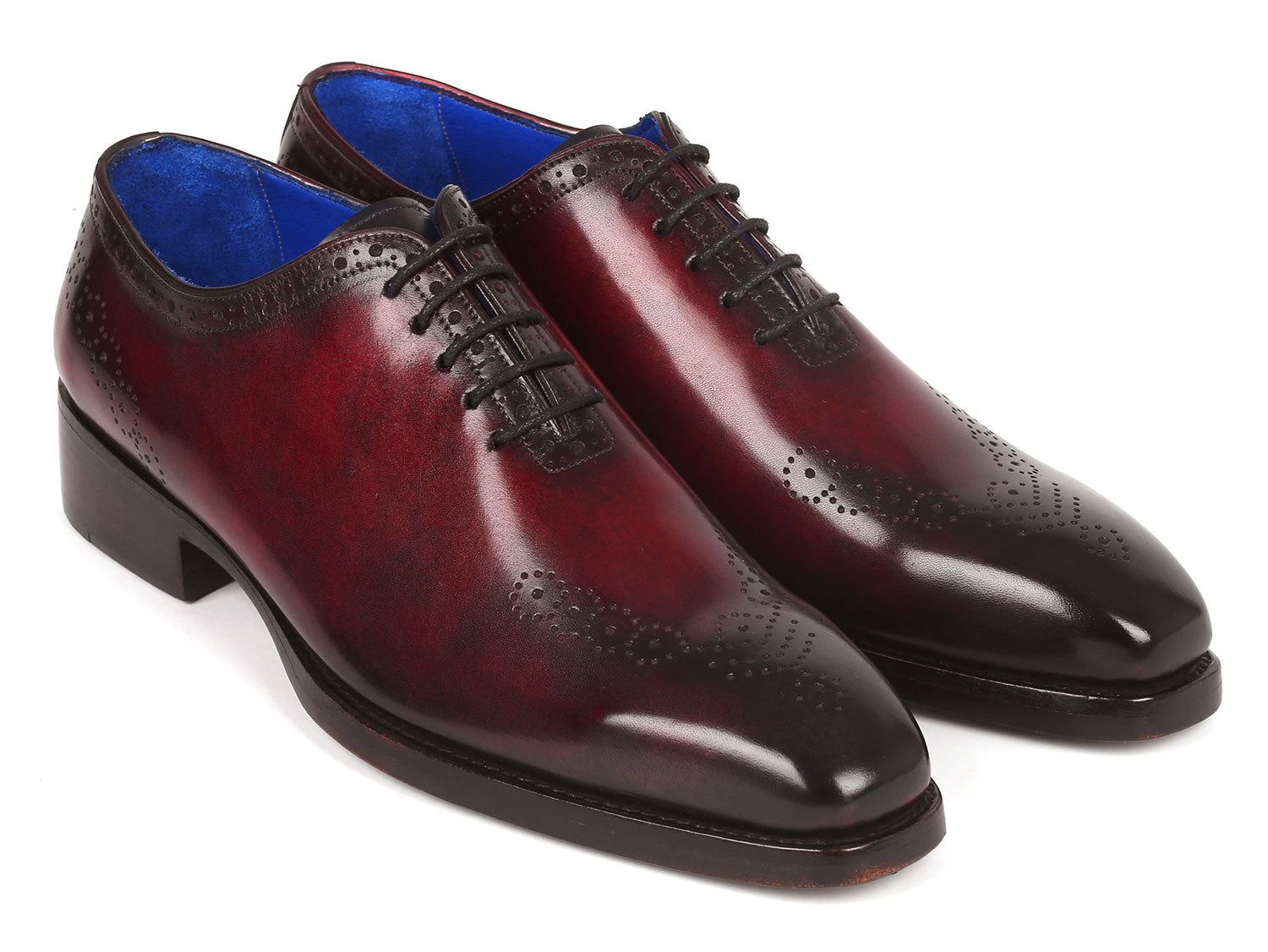 Paul Parkman Goodyear Welted Punched Oxfords in Bordeaux, showcasing decorative perforations and luxurious hand-painted calfskin.