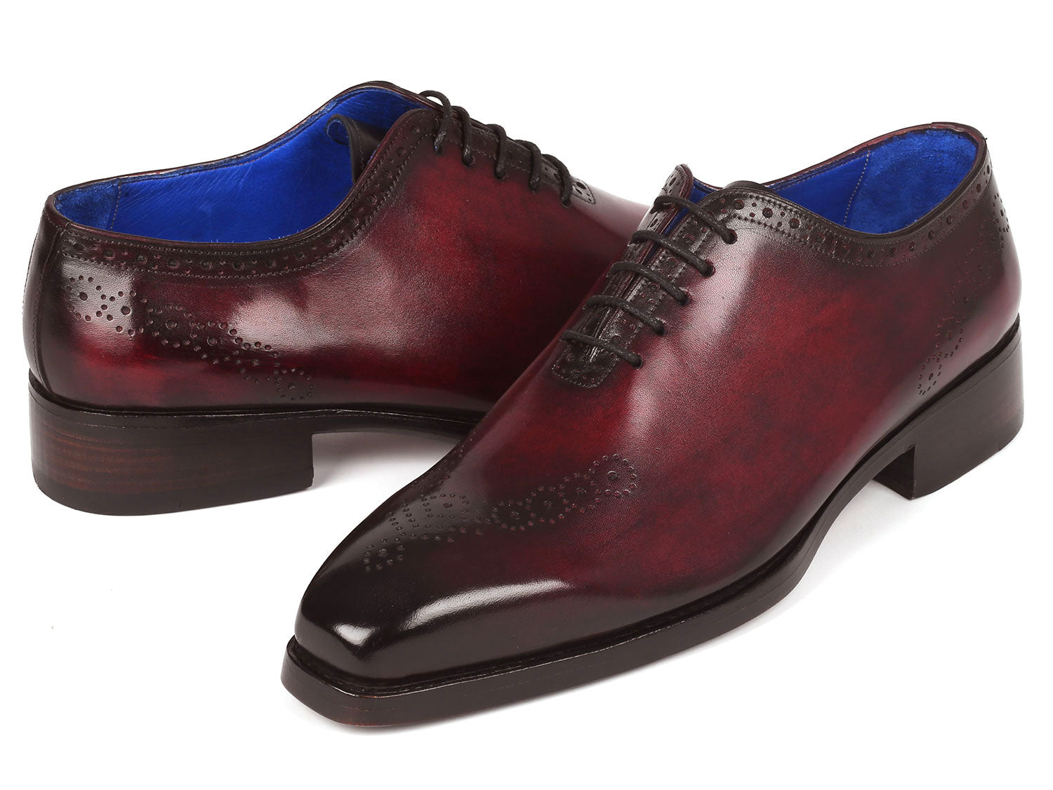 Paul Parkman Goodyear Welted Punched Oxfords in Bordeaux, showcasing decorative perforations and luxurious hand-painted calfskin.