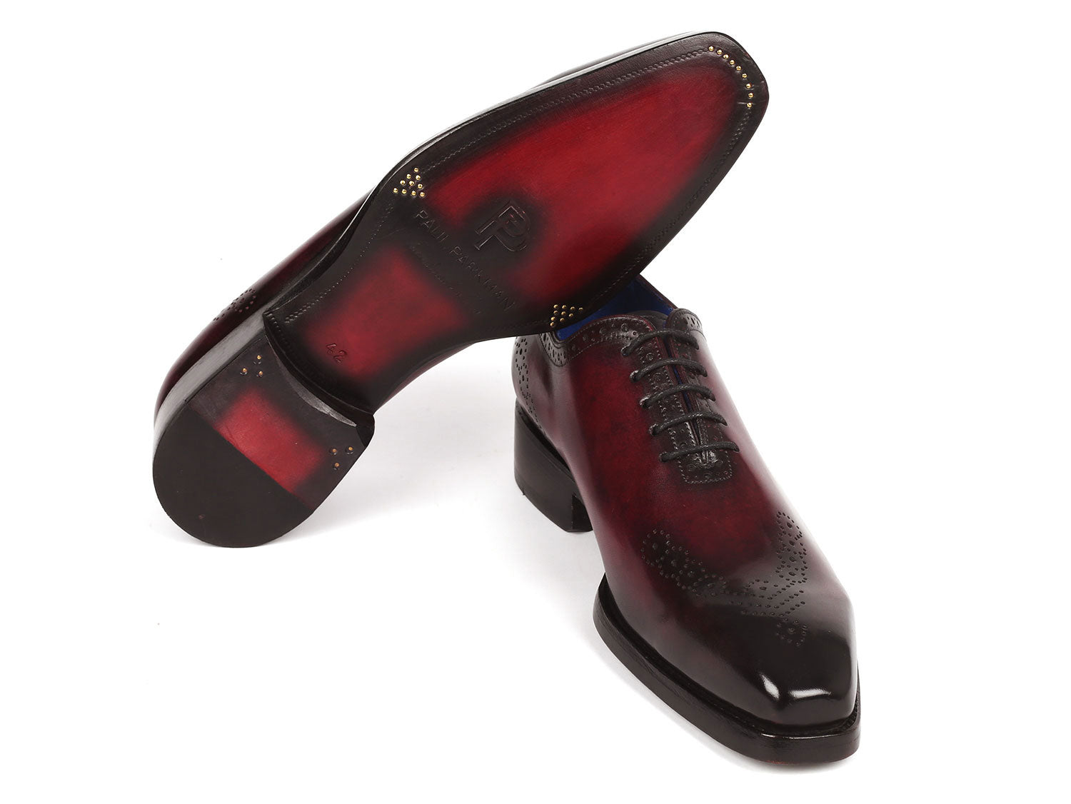 Paul Parkman Goodyear Welted Punched Oxfords in Bordeaux, showcasing decorative perforations and luxurious hand-painted calfskin.