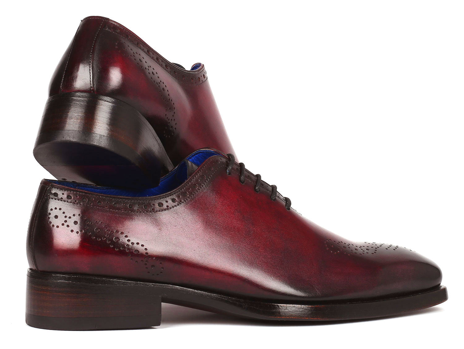 Paul Parkman Goodyear Welted Punched Oxfords in Bordeaux, showcasing decorative perforations and luxurious hand-painted calfskin.