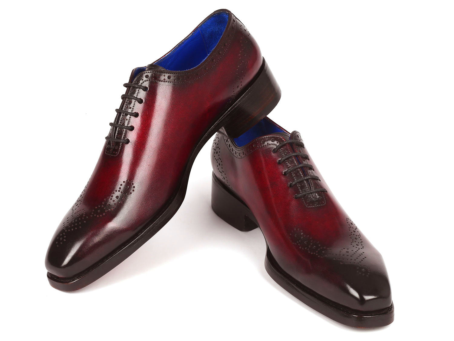 Paul Parkman Goodyear Welted Punched Oxfords in Bordeaux, showcasing decorative perforations and luxurious hand-painted calfskin.