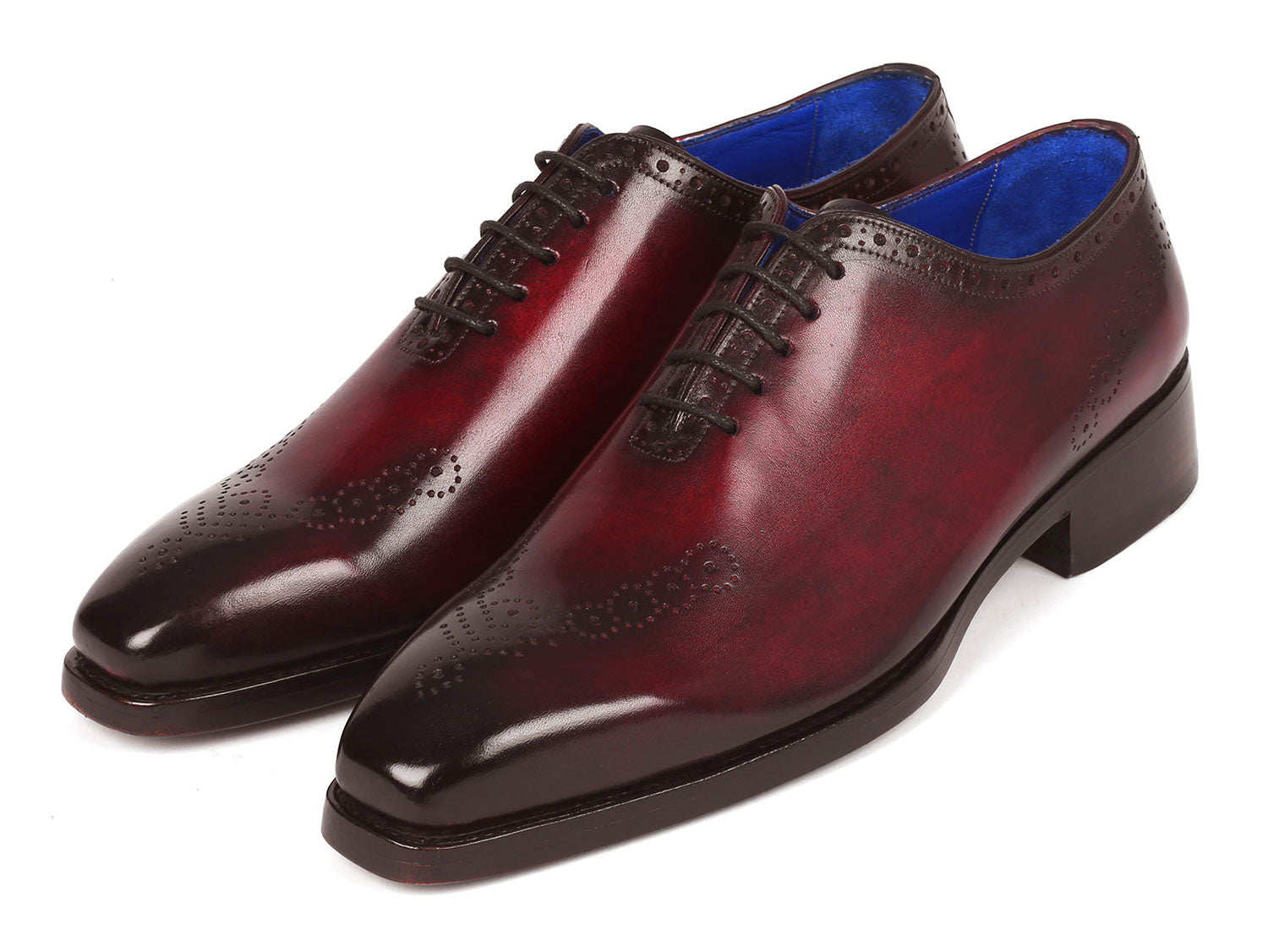 Paul Parkman Goodyear Welted Punched Oxfords in Bordeaux, showcasing decorative perforations and luxurious hand-painted calfskin.