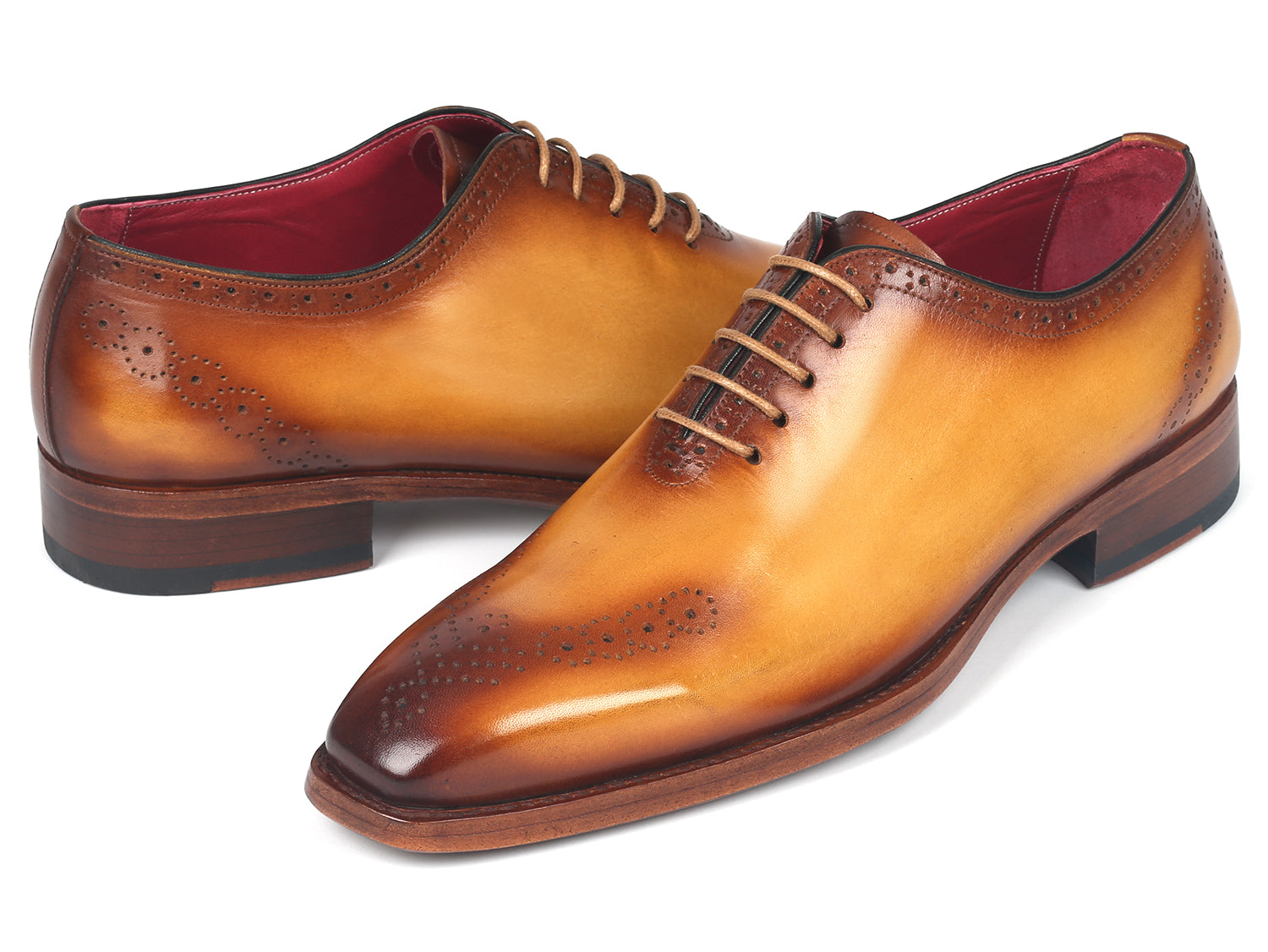 Paul Parkman Goodyear Welted Punched Oxfords in Camel, showcasing decorative perforations and luxurious leather.