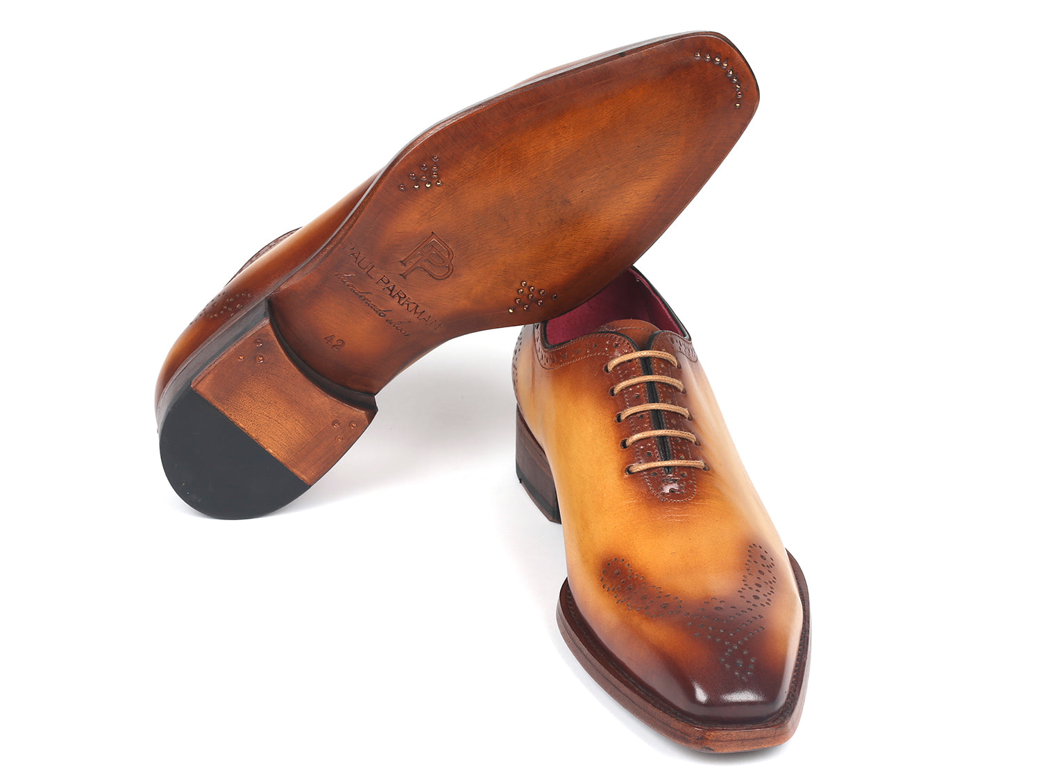 Paul Parkman Goodyear Welted Punched Oxfords in Camel, showcasing decorative perforations and luxurious leather.