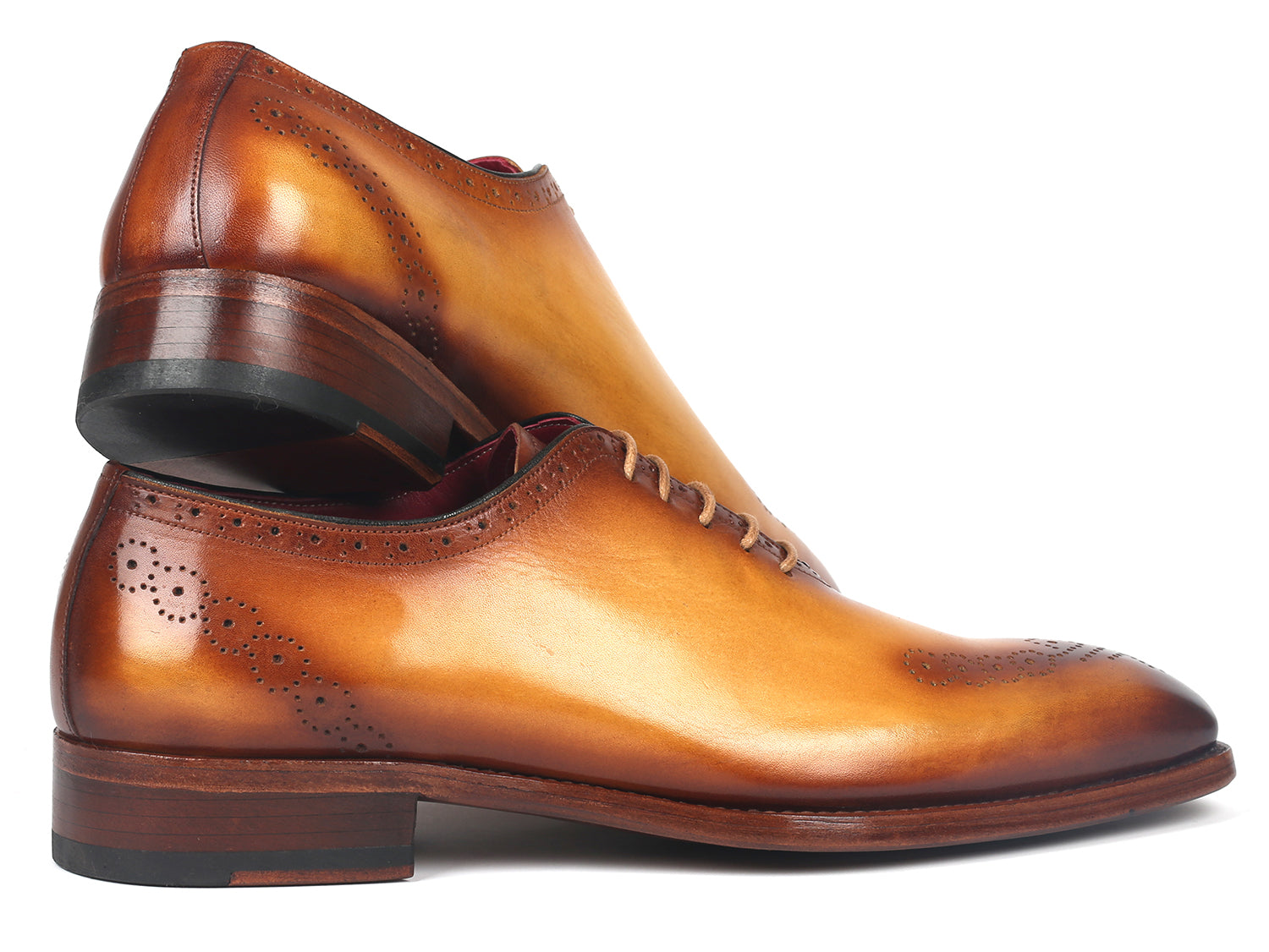 Paul Parkman Goodyear Welted Punched Oxfords in Camel, showcasing decorative perforations and luxurious leather.