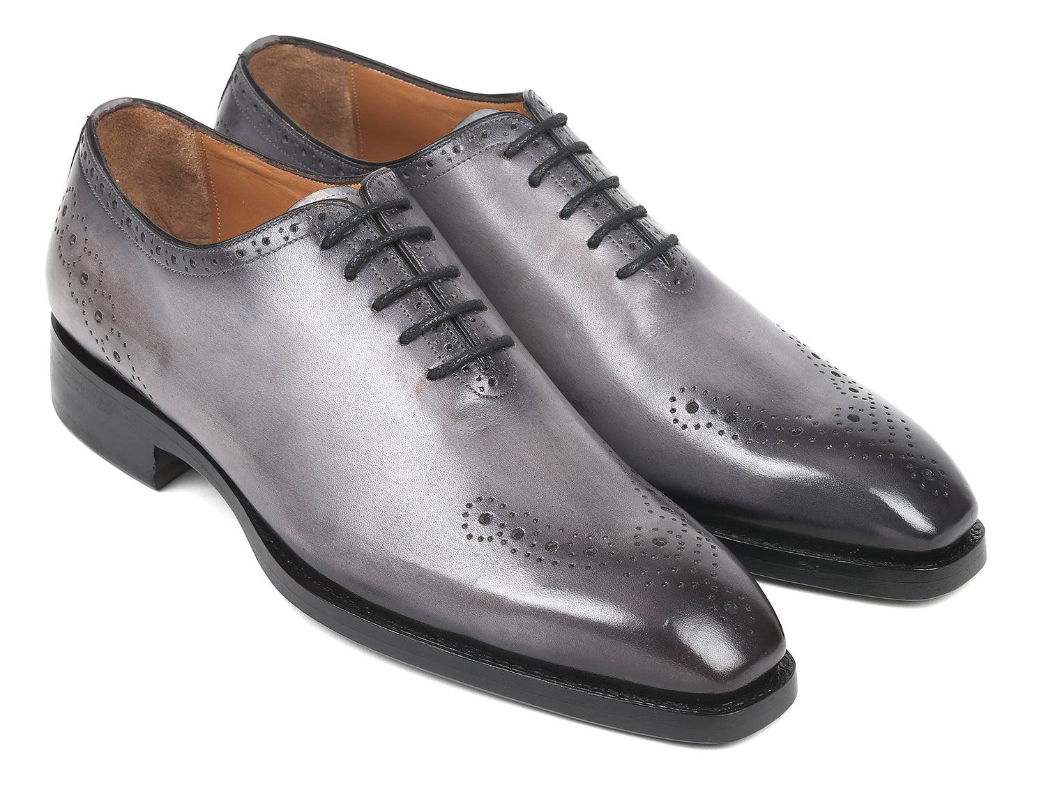 Paul Parkman Goodyear Welted Punched Oxfords in gray, showcasing decorative punched perforations and hand-painted calfskin finish.