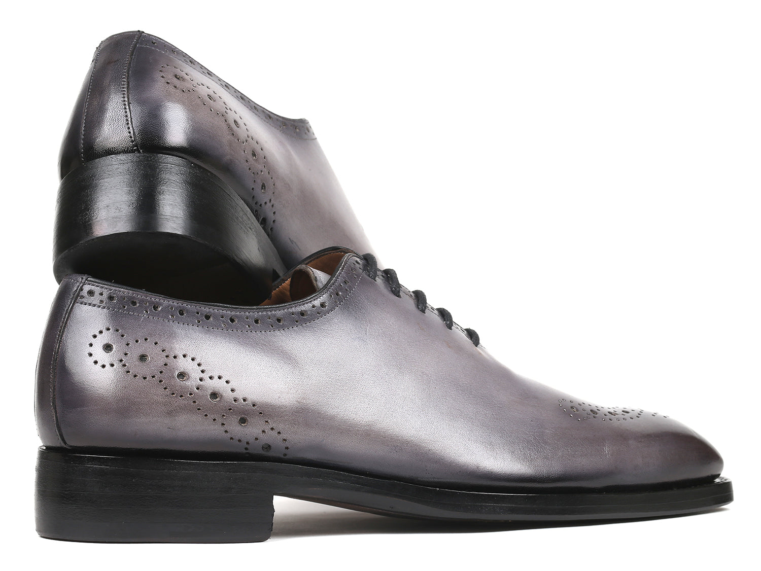 Paul Parkman Goodyear Welted Punched Oxfords in gray, showcasing decorative punched perforations and hand-painted calfskin finish.