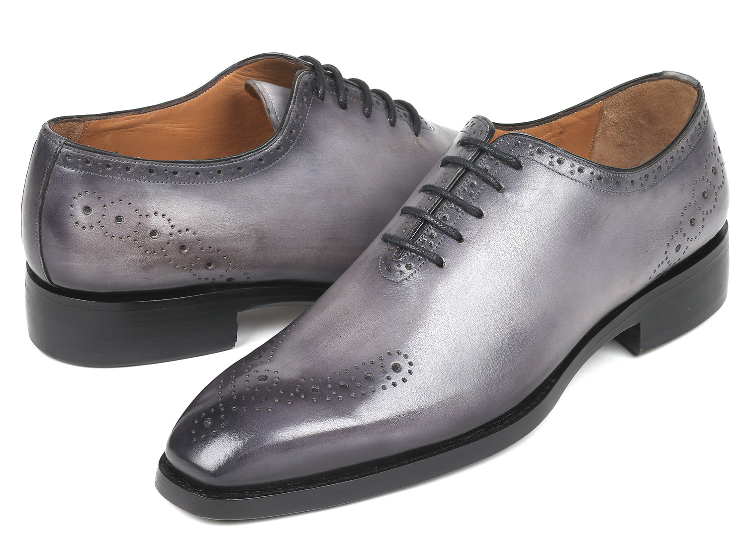 Paul Parkman Goodyear Welted Punched Oxfords in gray, showcasing decorative punched perforations and hand-painted calfskin finish.