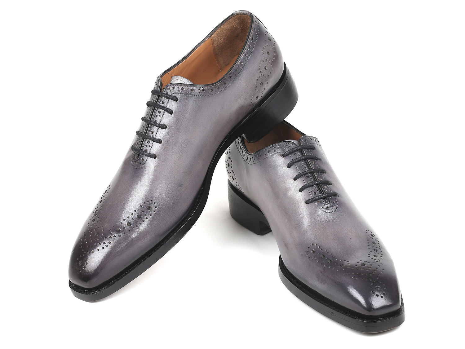 Paul Parkman Goodyear Welted Punched Oxfords in gray, showcasing decorative punched perforations and hand-painted calfskin finish.