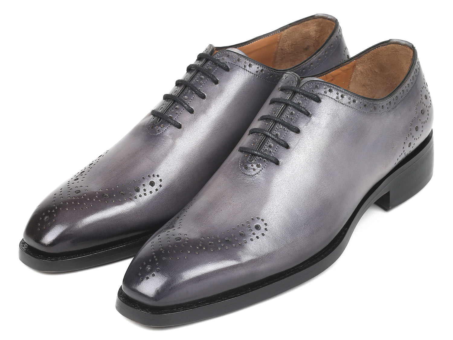 Paul Parkman Goodyear Welted Punched Oxfords in gray, showcasing decorative punched perforations and hand-painted calfskin finish.