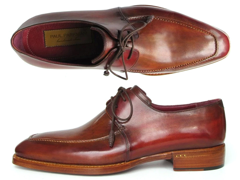 Paul Parkman Goodyear welted square toe apron derby shoes in brown, showcasing hand-painted leather upper and elegant design.