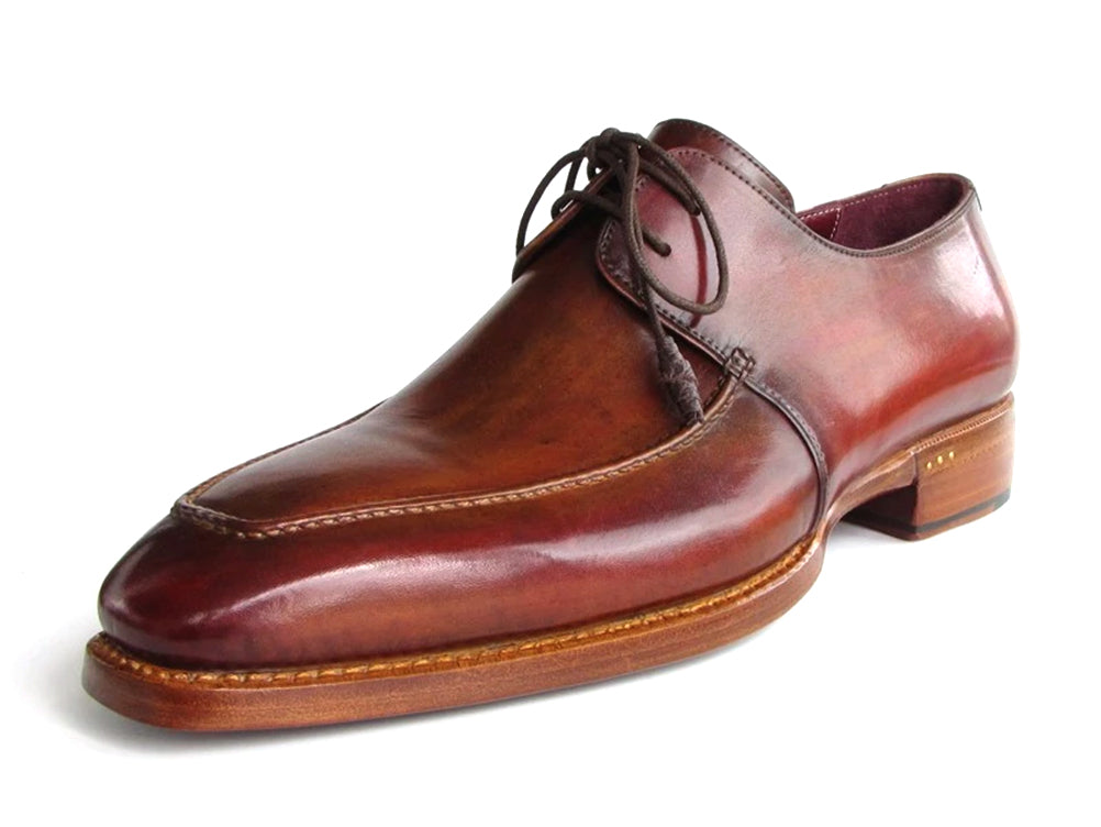 Paul Parkman Goodyear welted square toe apron derby shoes in brown, showcasing hand-painted leather upper and elegant design.