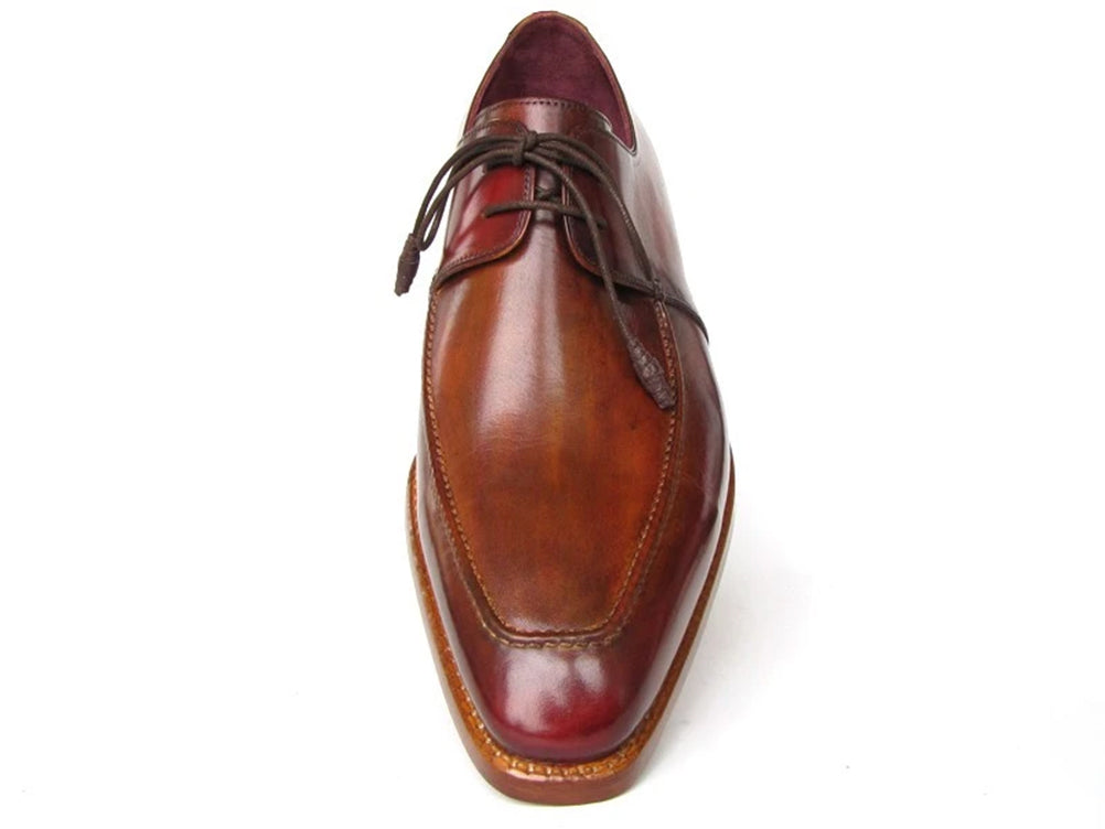 Paul Parkman Goodyear welted square toe apron derby shoes in brown, showcasing hand-painted leather upper and elegant design.