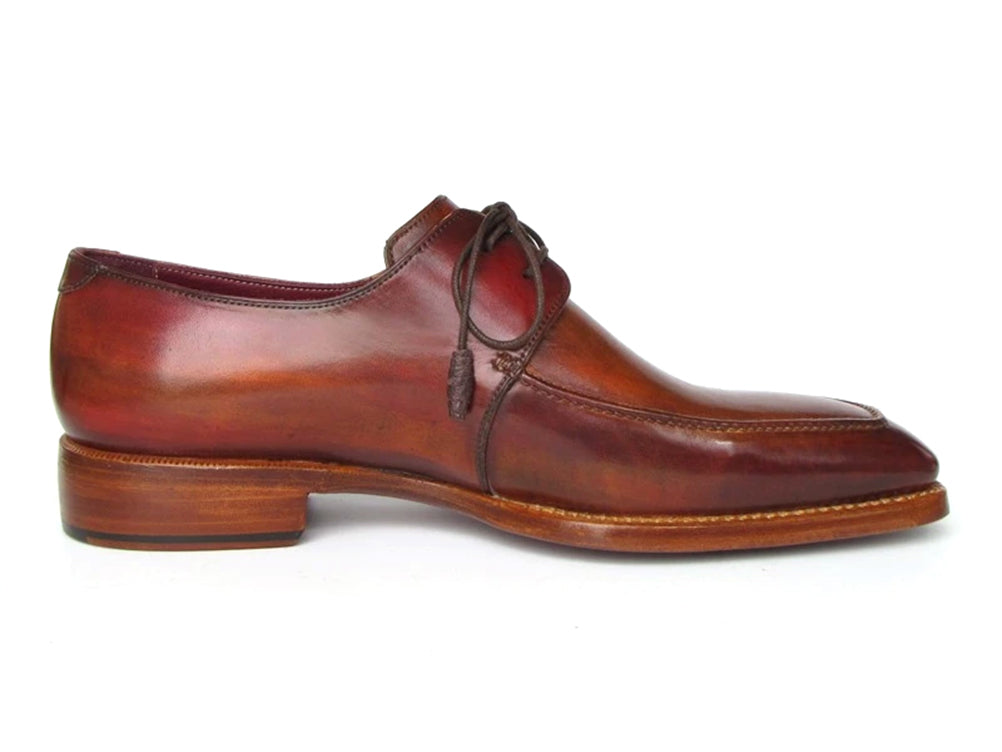 Paul Parkman Goodyear welted square toe apron derby shoes in brown, showcasing hand-painted leather upper and elegant design.