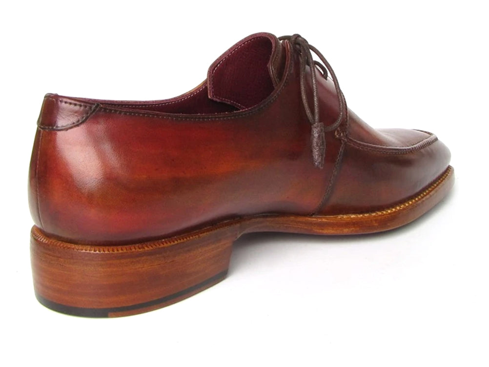 Paul Parkman Goodyear welted square toe apron derby shoes in brown, showcasing hand-painted leather upper and elegant design.