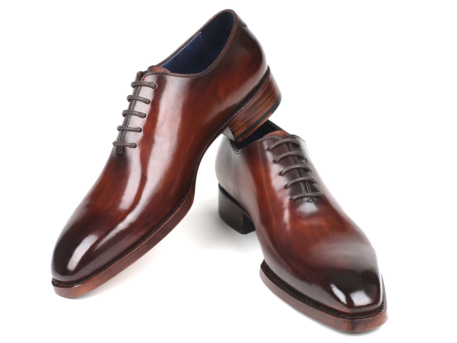 Paul Parkman Goodyear Welted Wholecut Oxfords in brown hand-painted leather with blue leather lining, showcasing elegant craftsmanship.