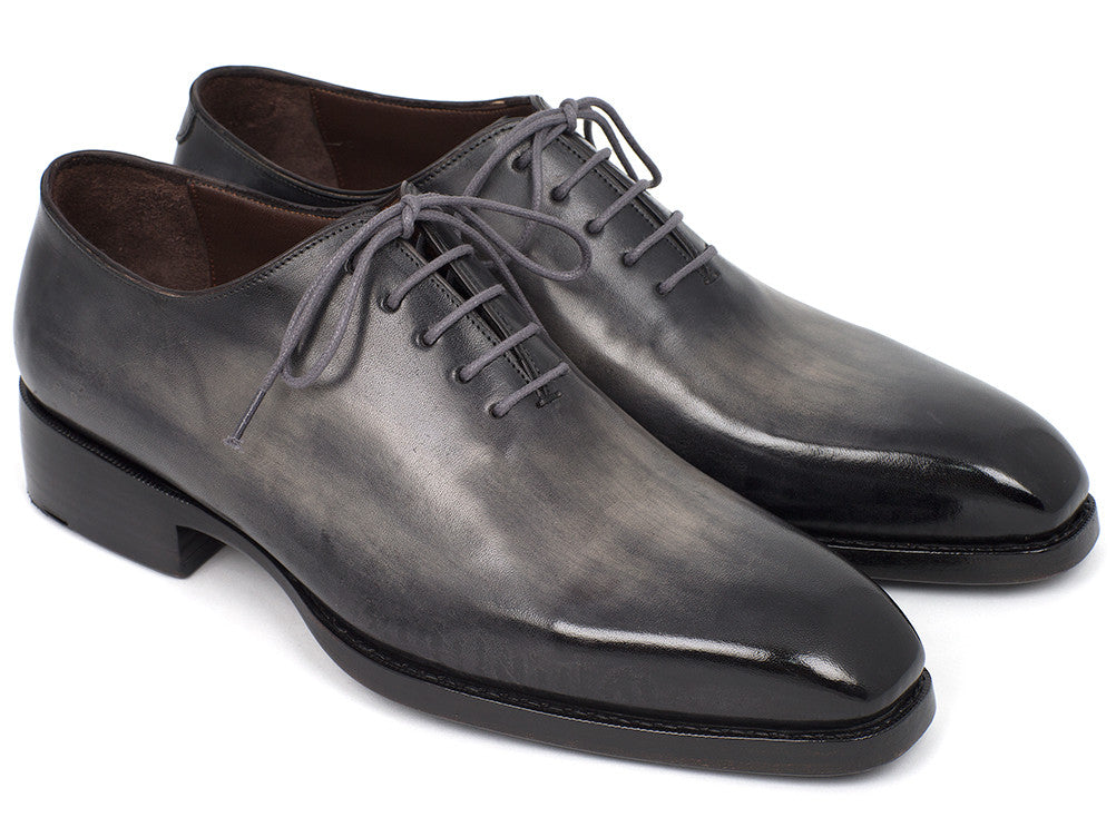 Paul Parkman Goodyear Welted Wholecut Oxfords in gray and black, showcasing hand-painted leather upper and elegant design.