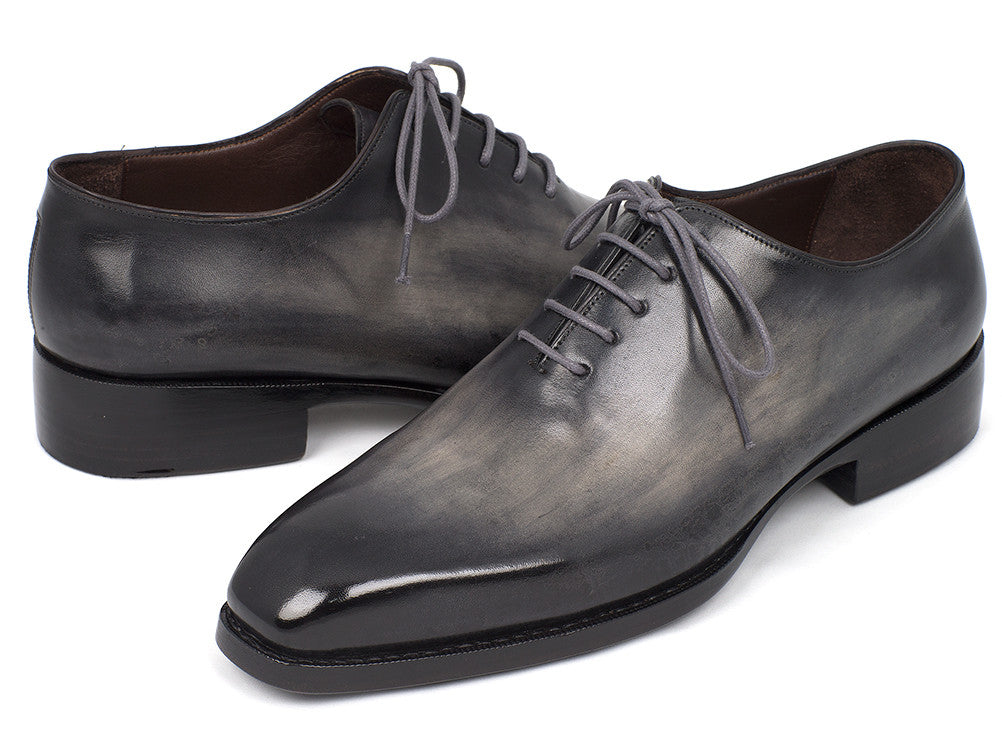 Paul Parkman Goodyear Welted Wholecut Oxfords in gray and black, showcasing hand-painted leather upper and elegant design.