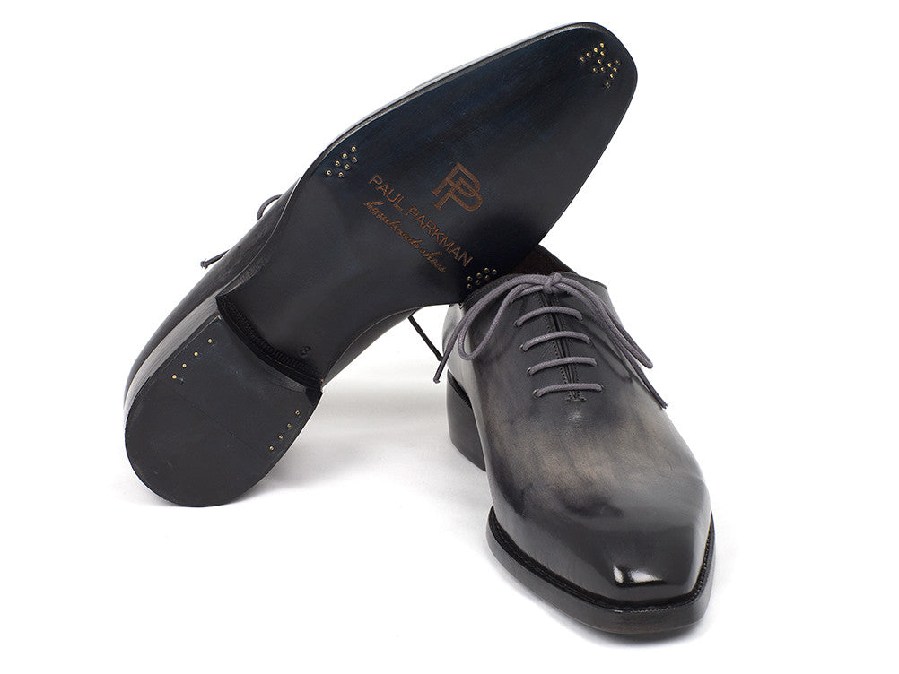 Paul Parkman Goodyear Welted Wholecut Oxfords in gray and black, showcasing hand-painted leather upper and elegant design.