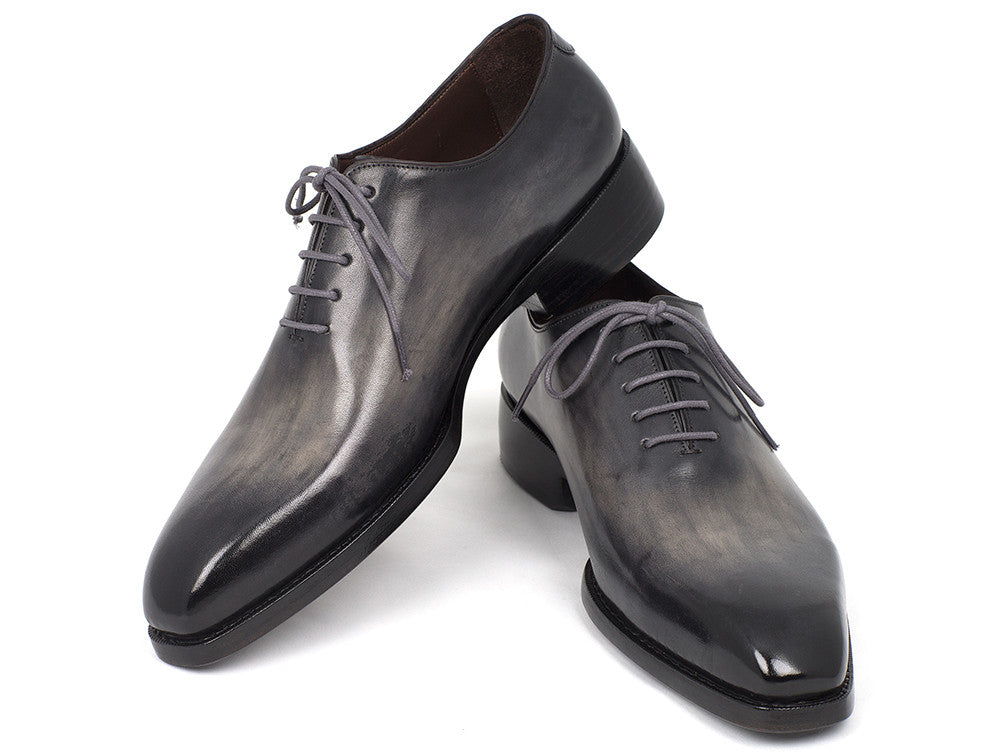 Paul Parkman Goodyear Welted Wholecut Oxfords in gray and black, showcasing hand-painted leather upper and elegant design.