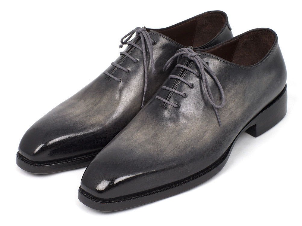 Paul Parkman Goodyear Welted Wholecut Oxfords in gray and black, showcasing hand-painted leather upper and elegant design.