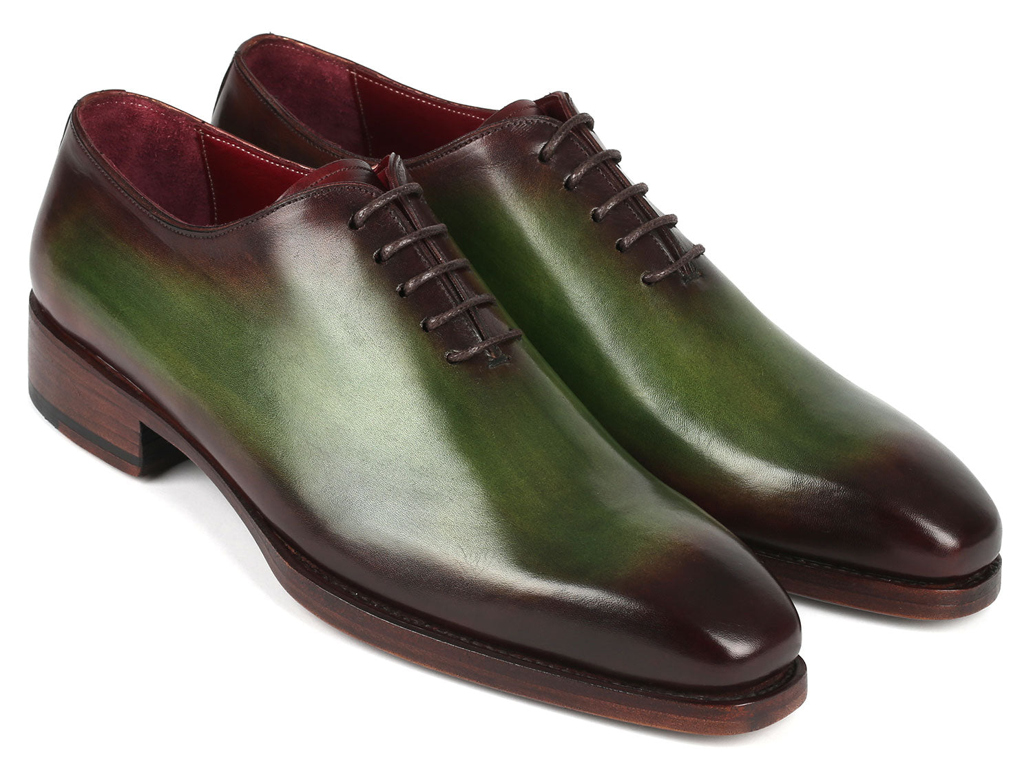 Paul Parkman Goodyear Welted Wholecut Oxfords in Green and Bordeaux, showcasing hand-painted leather and elegant design.