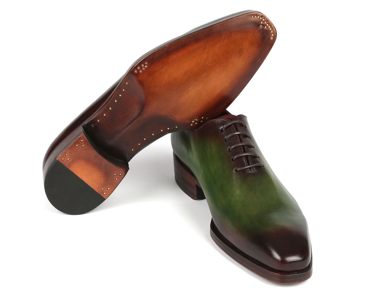 Paul Parkman Goodyear Welted Wholecut Oxfords in Green and Bordeaux, showcasing hand-painted leather and elegant design.