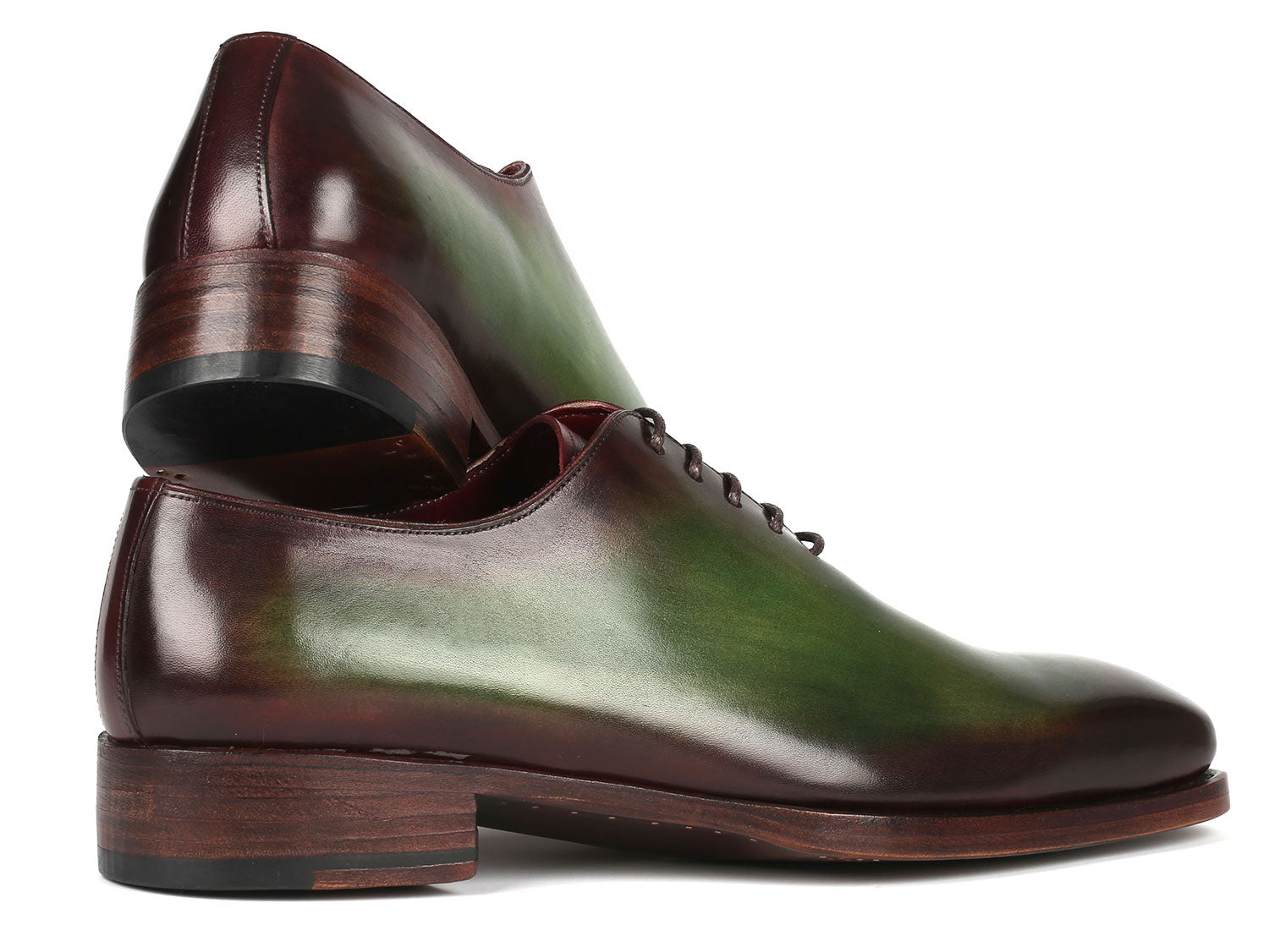 Paul Parkman Goodyear Welted Wholecut Oxfords in Green and Bordeaux, showcasing hand-painted leather and elegant design.