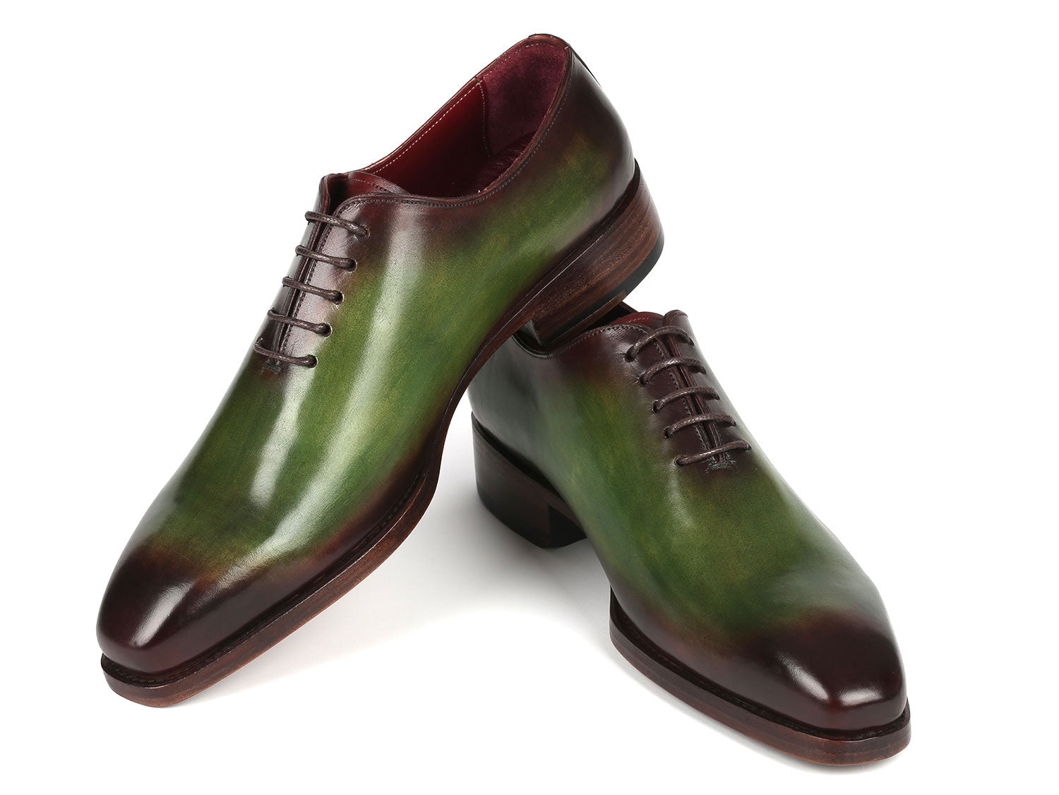 Paul Parkman Goodyear Welted Wholecut Oxfords in Green and Bordeaux, showcasing hand-painted leather and elegant design.