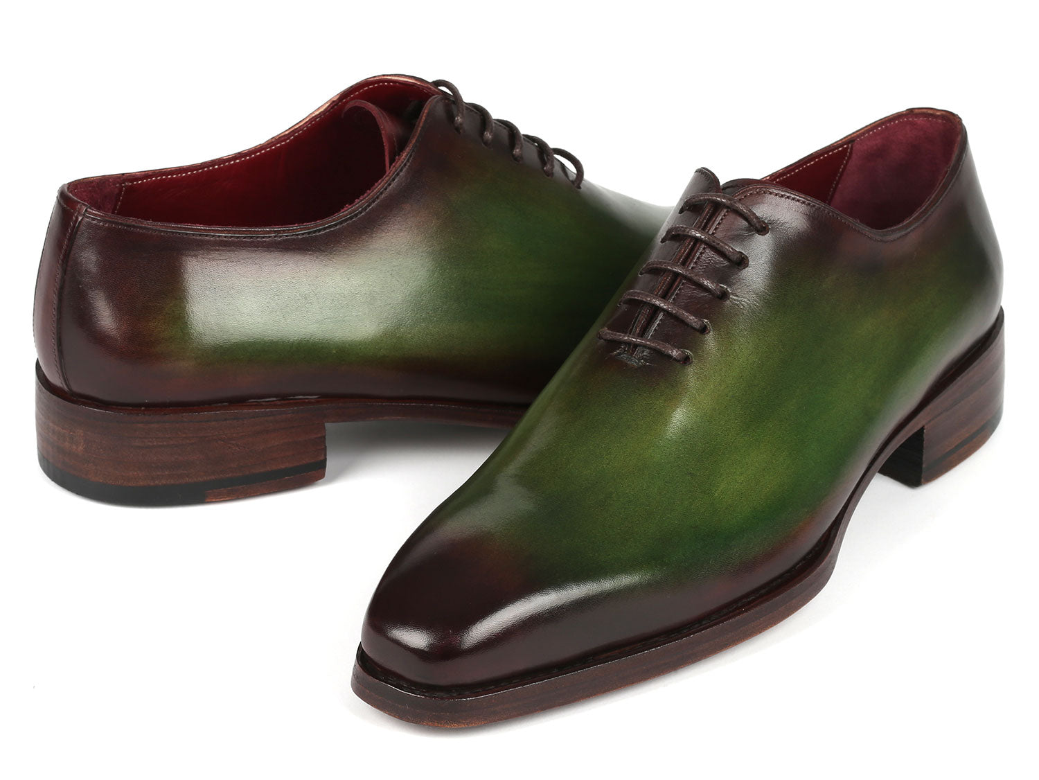 Paul Parkman Goodyear Welted Wholecut Oxfords in Green and Bordeaux, showcasing hand-painted leather and elegant design.