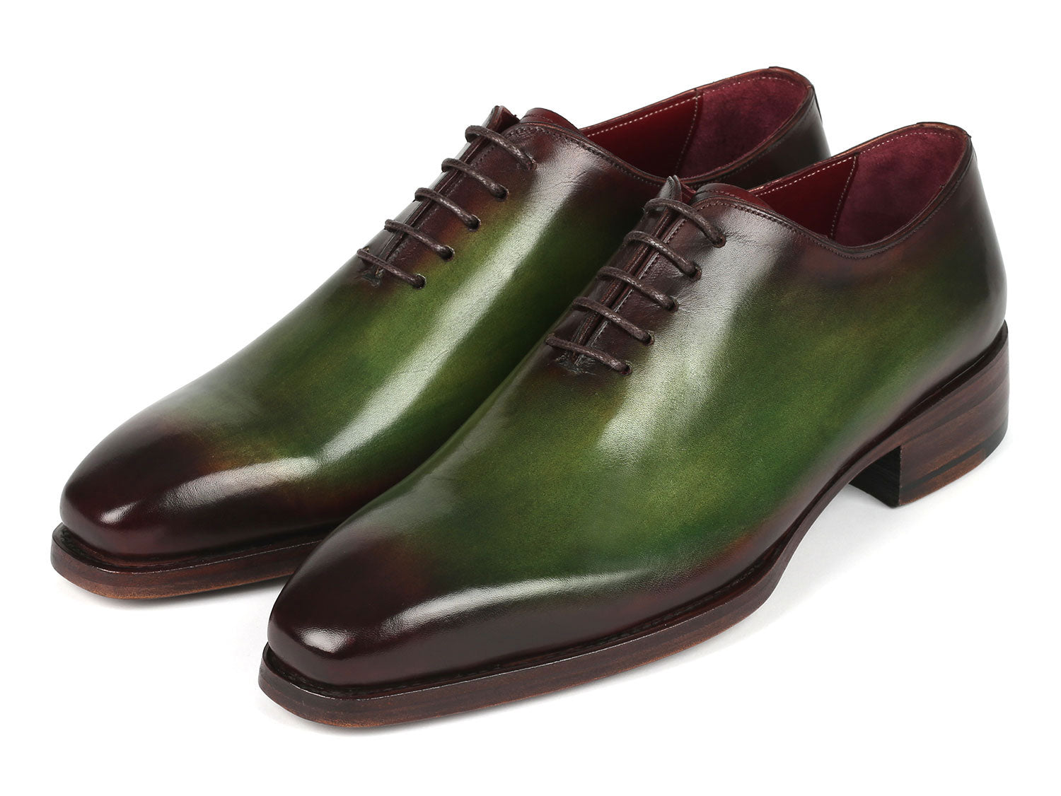 Paul Parkman Goodyear Welted Wholecut Oxfords in Green and Bordeaux, showcasing hand-painted leather and elegant design.