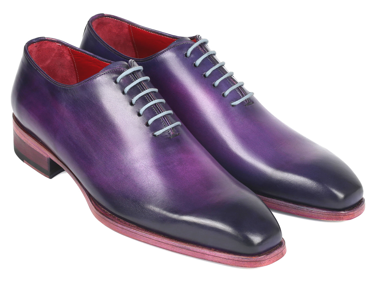 Paul Parkman Goodyear Welted Wholecut Oxfords in purple, featuring hand-painted leather, light blue laces, and Bordeaux leather lining.