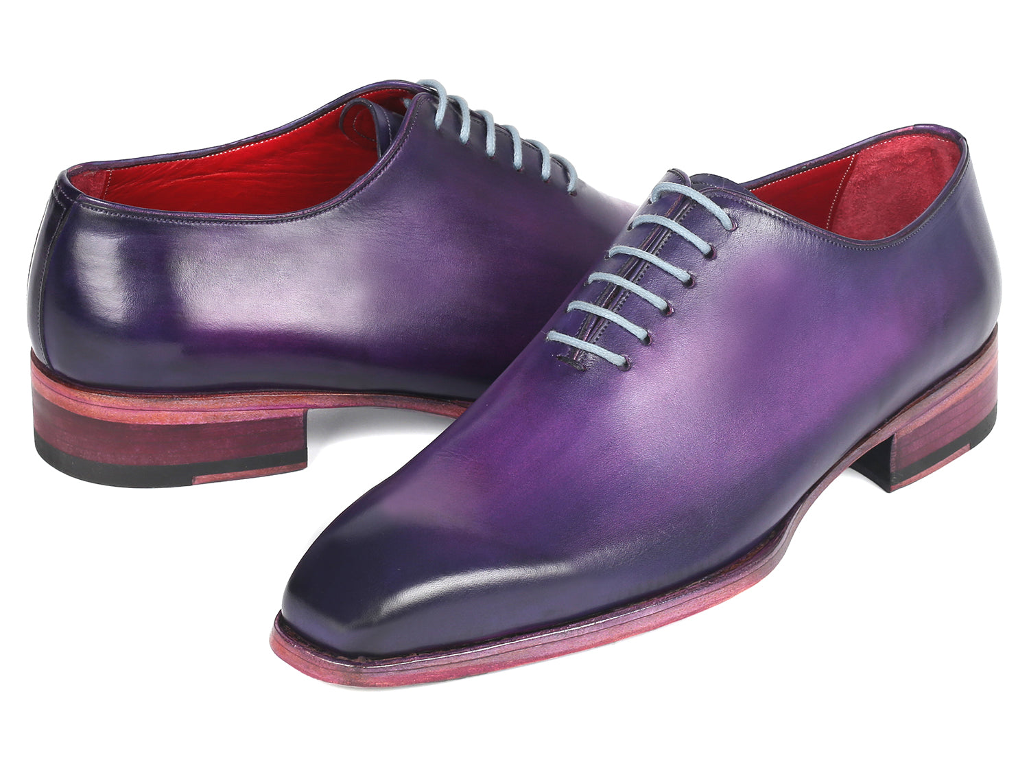 Paul Parkman Goodyear Welted Wholecut Oxfords in purple, featuring hand-painted leather, light blue laces, and Bordeaux leather lining.