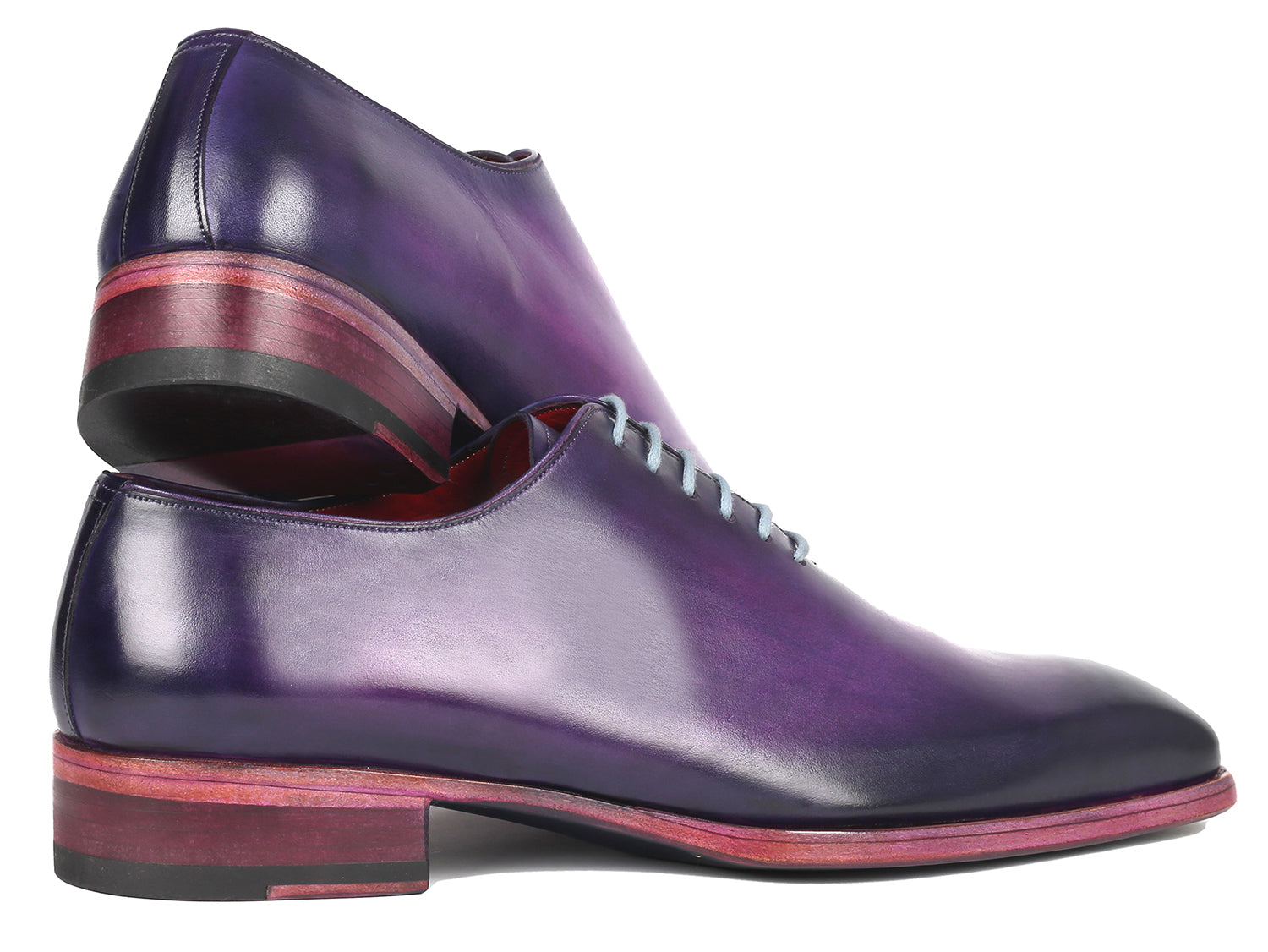 Paul Parkman Goodyear Welted Wholecut Oxfords in purple, featuring hand-painted leather, light blue laces, and Bordeaux leather lining.