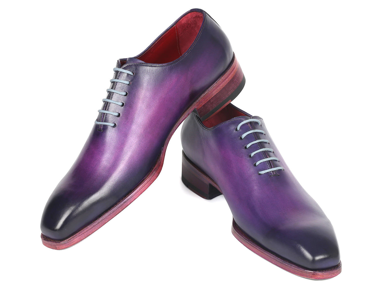 Paul Parkman Goodyear Welted Wholecut Oxfords in purple, featuring hand-painted leather, light blue laces, and Bordeaux leather lining.