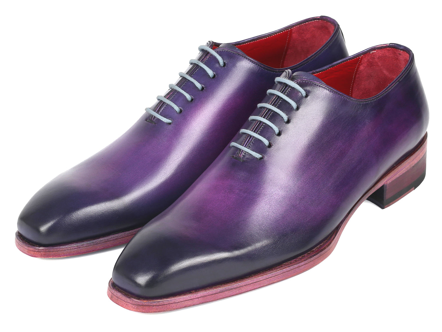 Paul Parkman Goodyear Welted Wholecut Oxfords in purple, featuring hand-painted leather, light blue laces, and Bordeaux leather lining.