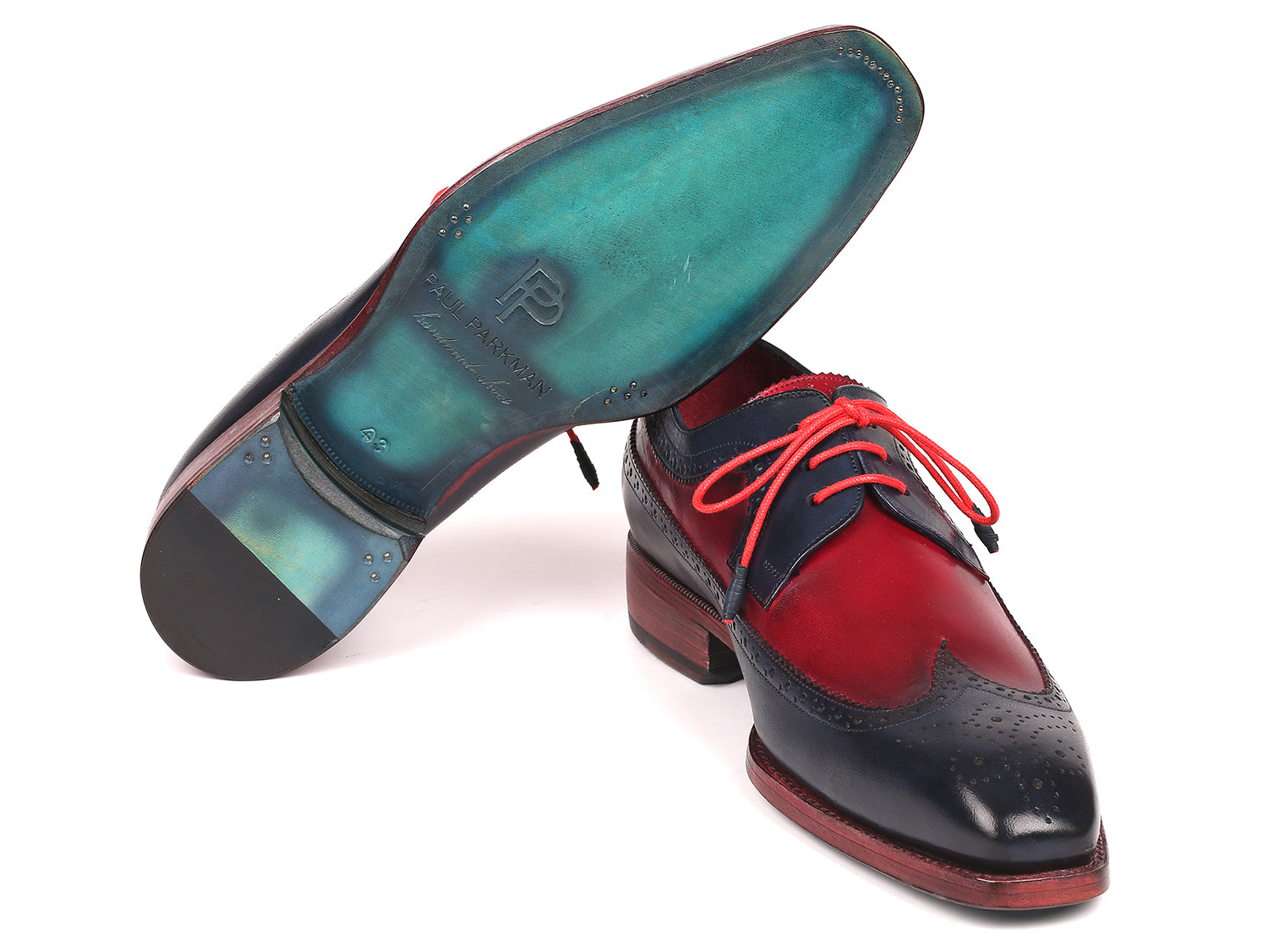 Paul Parkman Goodyear welted wingtip derby shoes in navy and bordeaux, showcasing hand-painted calfskin leather and elegant wingtip design.