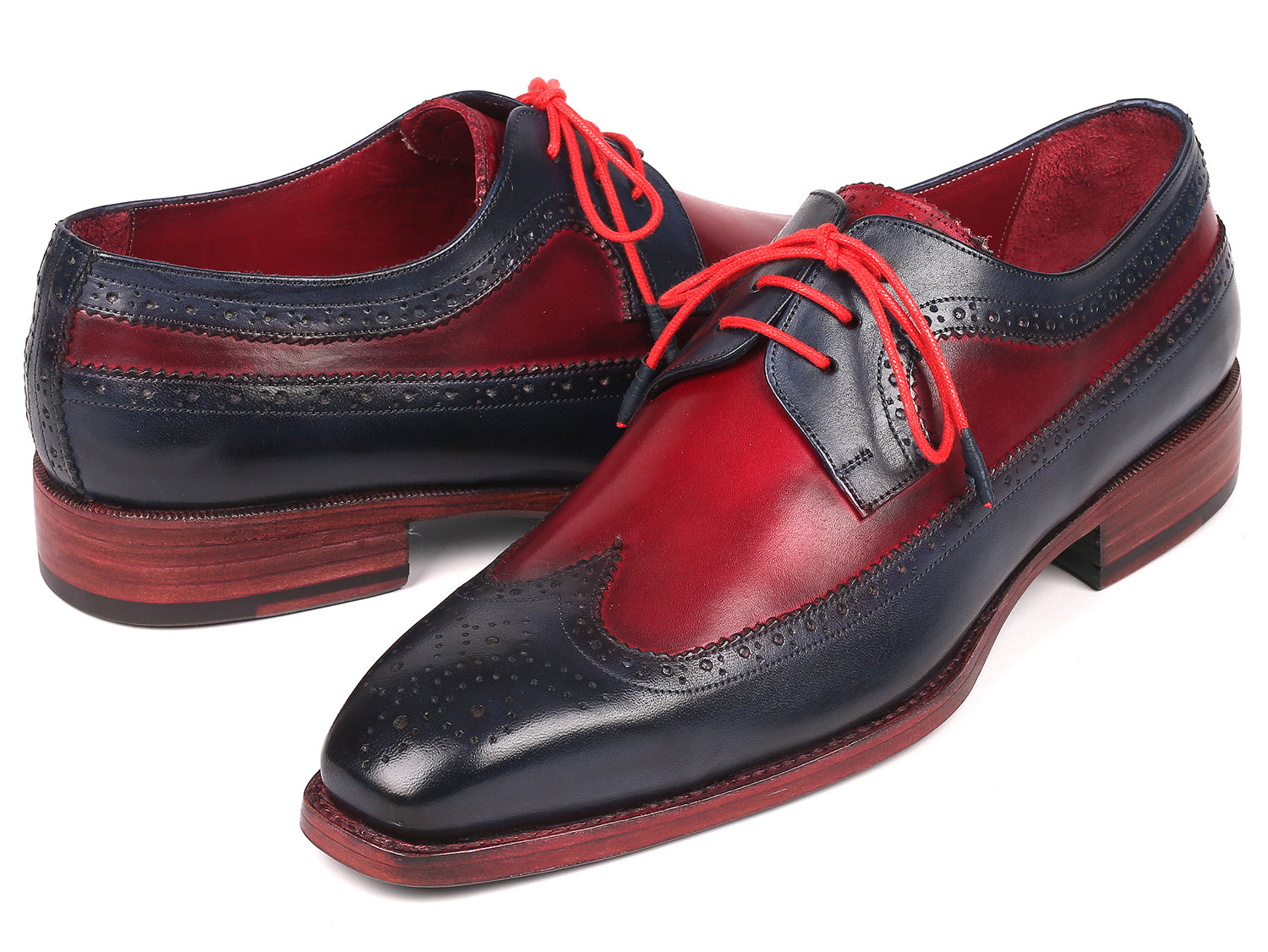 Paul Parkman Goodyear welted wingtip derby shoes in navy and bordeaux, showcasing hand-painted calfskin leather and elegant wingtip design.