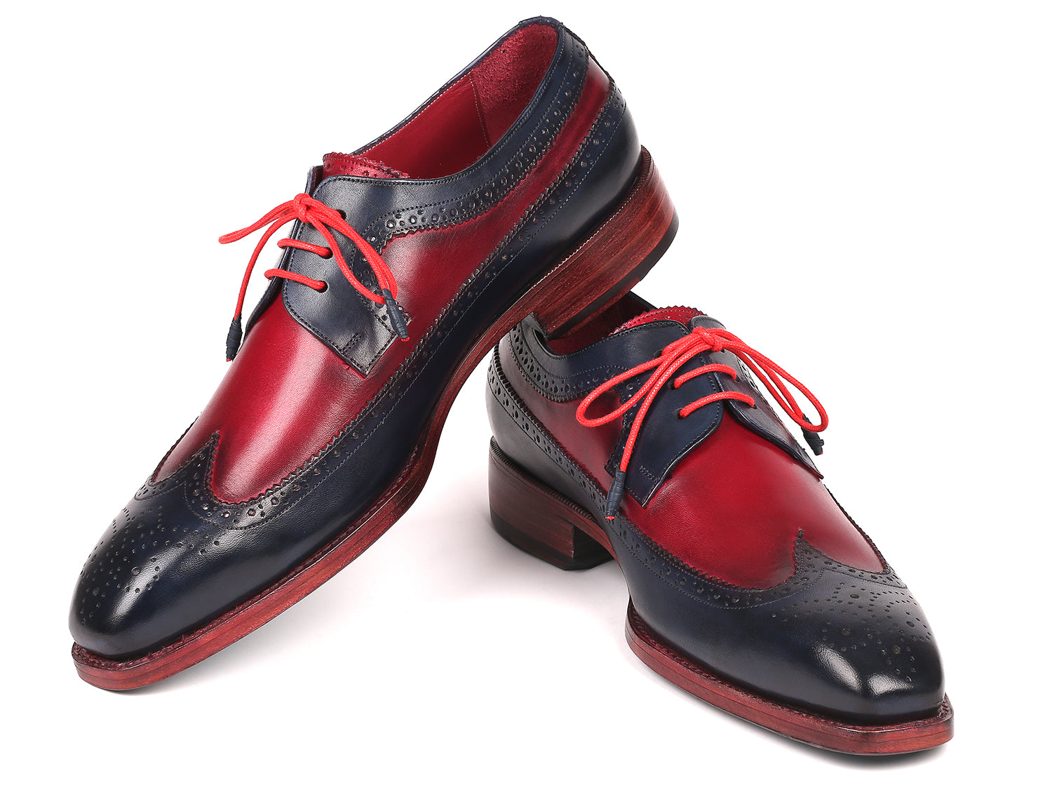 Paul Parkman Goodyear welted wingtip derby shoes in navy and bordeaux, showcasing hand-painted calfskin leather and elegant wingtip design.