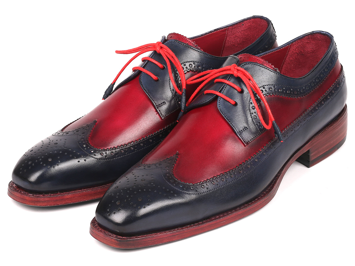 Paul Parkman Goodyear welted wingtip derby shoes in navy and bordeaux, showcasing hand-painted calfskin leather and elegant wingtip design.