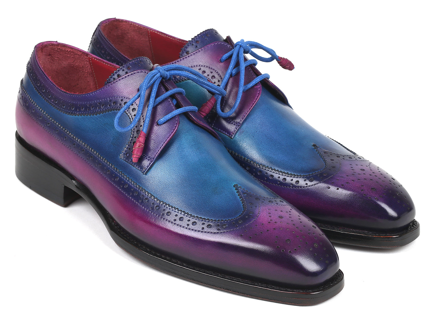 Paul Parkman Goodyear welted wingtip derby shoes in purple and blue, showcasing hand-painted leather and elegant wingtip design.