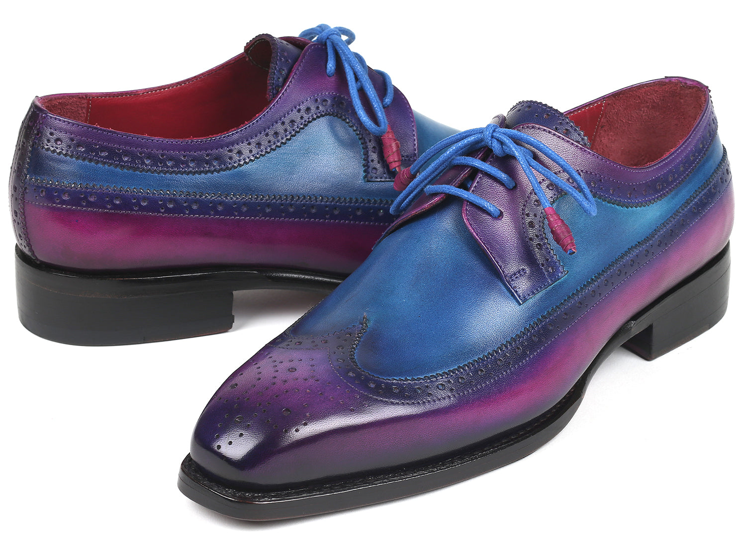 Paul Parkman Goodyear welted wingtip derby shoes in purple and blue, showcasing hand-painted leather and elegant wingtip design.