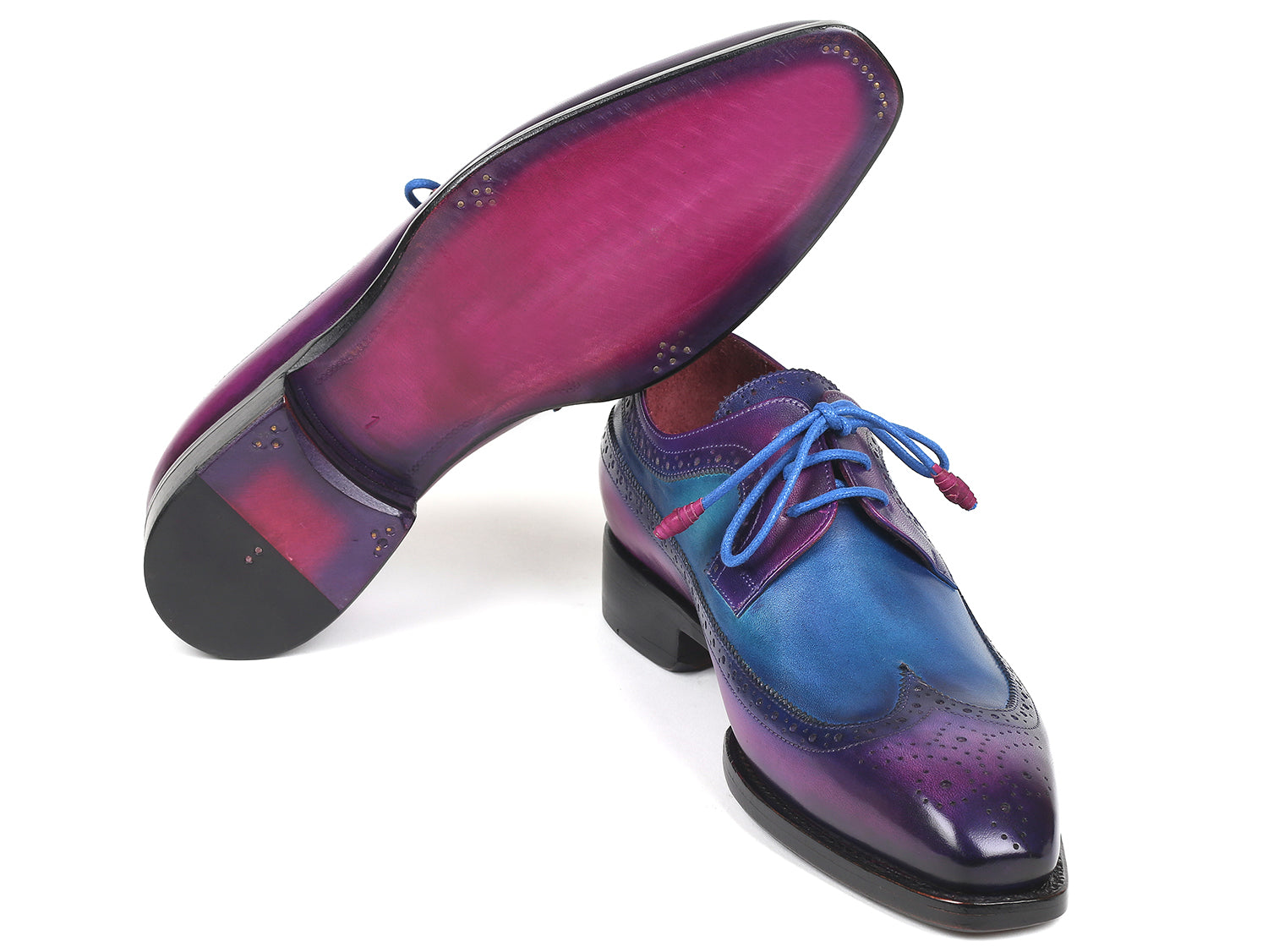 Paul Parkman Goodyear welted wingtip derby shoes in purple and blue, showcasing hand-painted leather and elegant wingtip design.