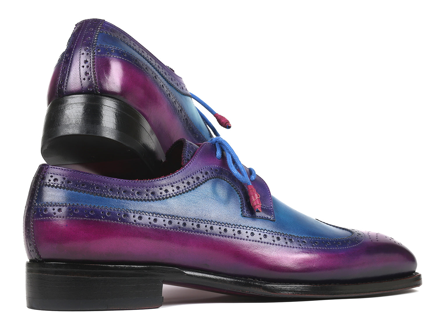 Paul Parkman Goodyear welted wingtip derby shoes in purple and blue, showcasing hand-painted leather and elegant wingtip design.