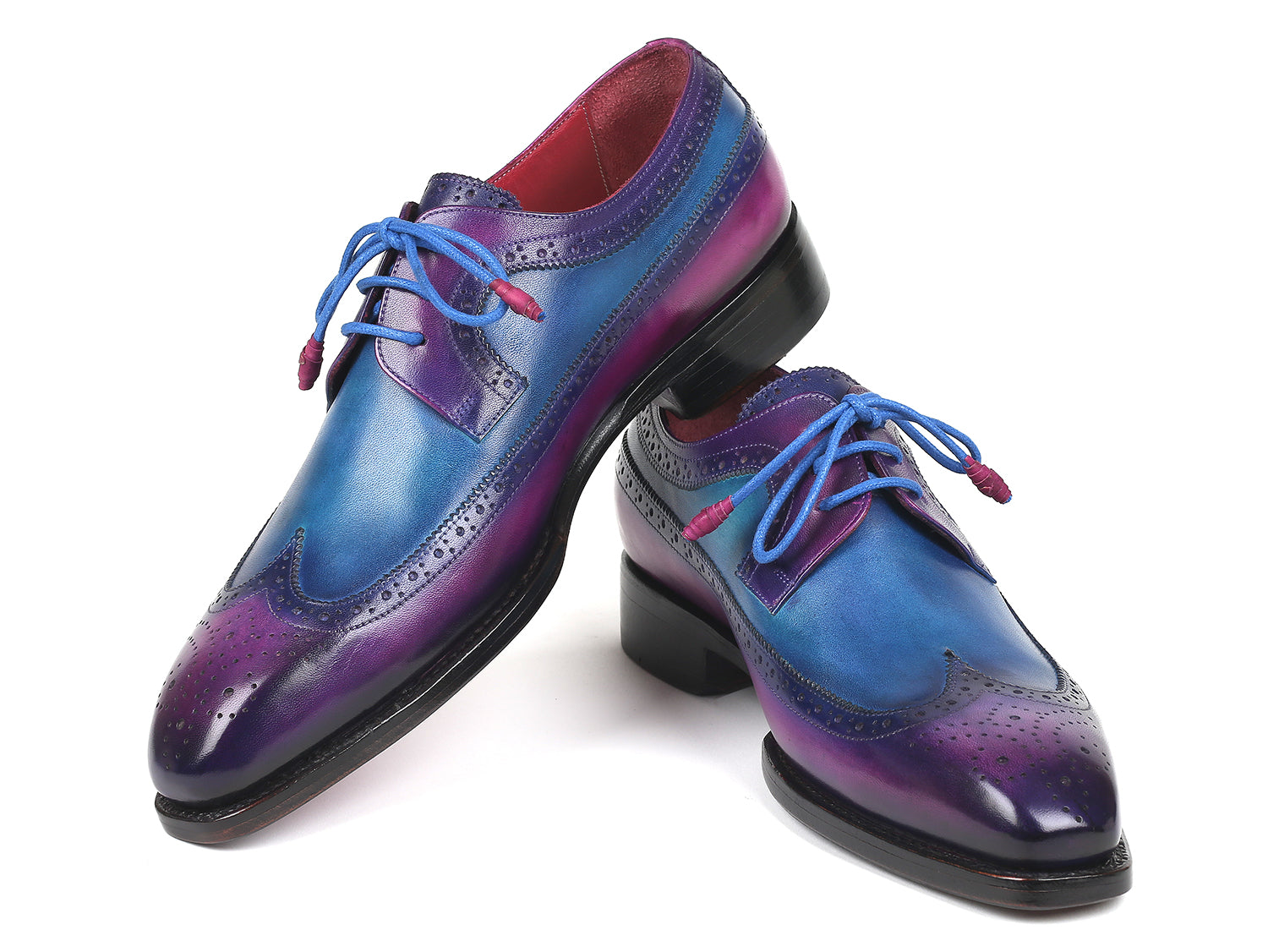 Paul Parkman Goodyear welted wingtip derby shoes in purple and blue, showcasing hand-painted leather and elegant wingtip design.