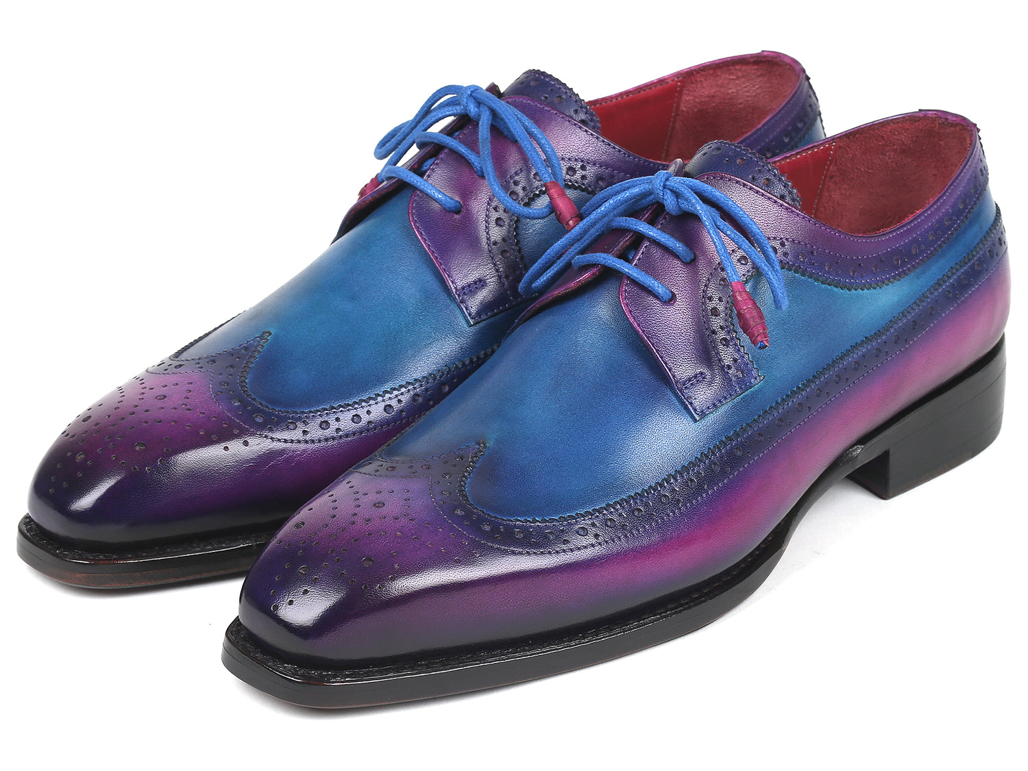 Paul Parkman Goodyear welted wingtip derby shoes in purple and blue, showcasing hand-painted leather and elegant wingtip design.